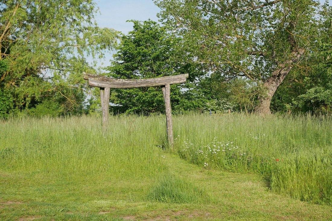 Das Bild zeigt ein asiatisch anmutendes Tor in der Landschaft, im hohen Gras. Im Hintergrund stehen hohe Bäume.